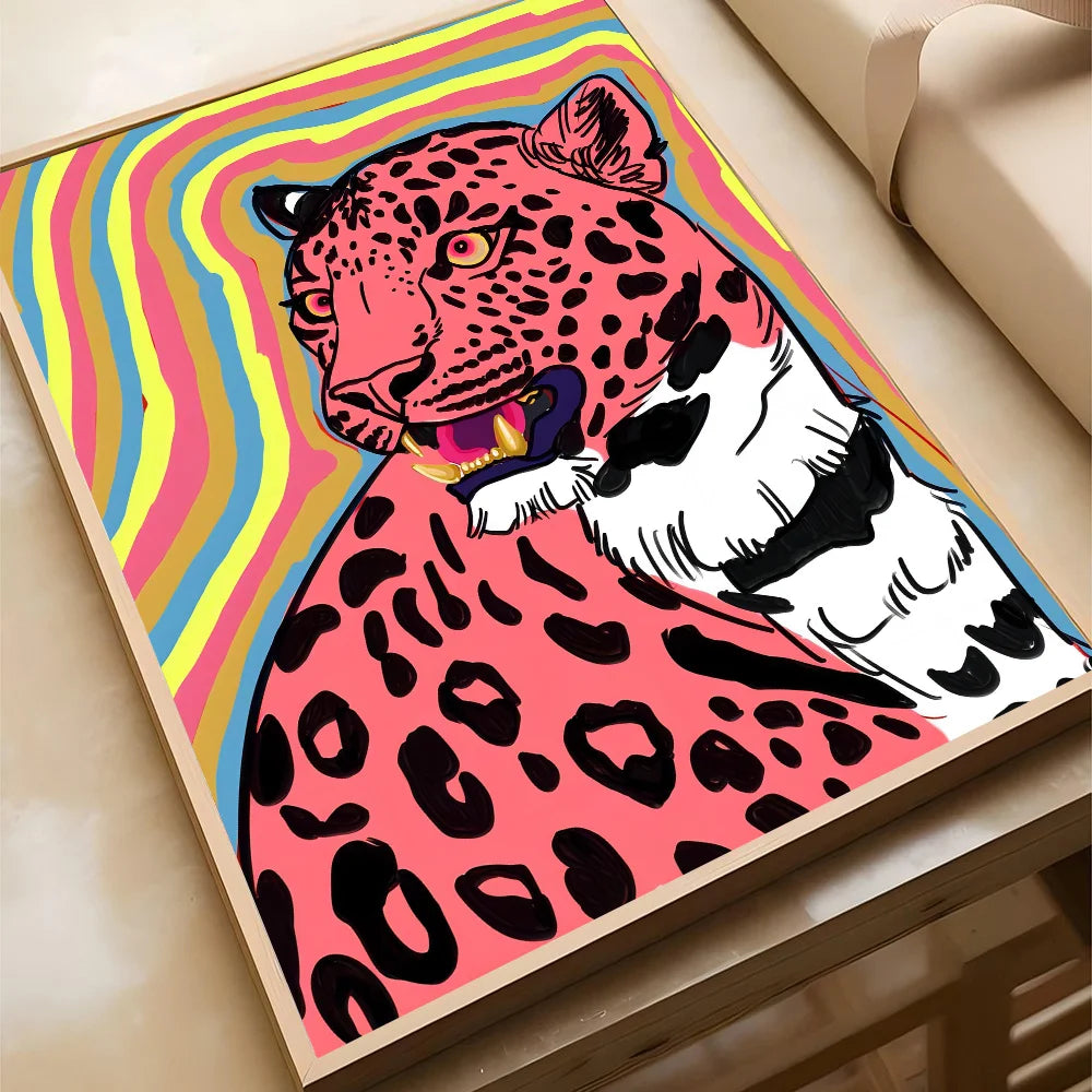 Wild Leopard Tiger Vase Flower Girl Power Poster Self-adhesive Art Waterproof Paper Sticker Coffee House Bar Room Wall Decor