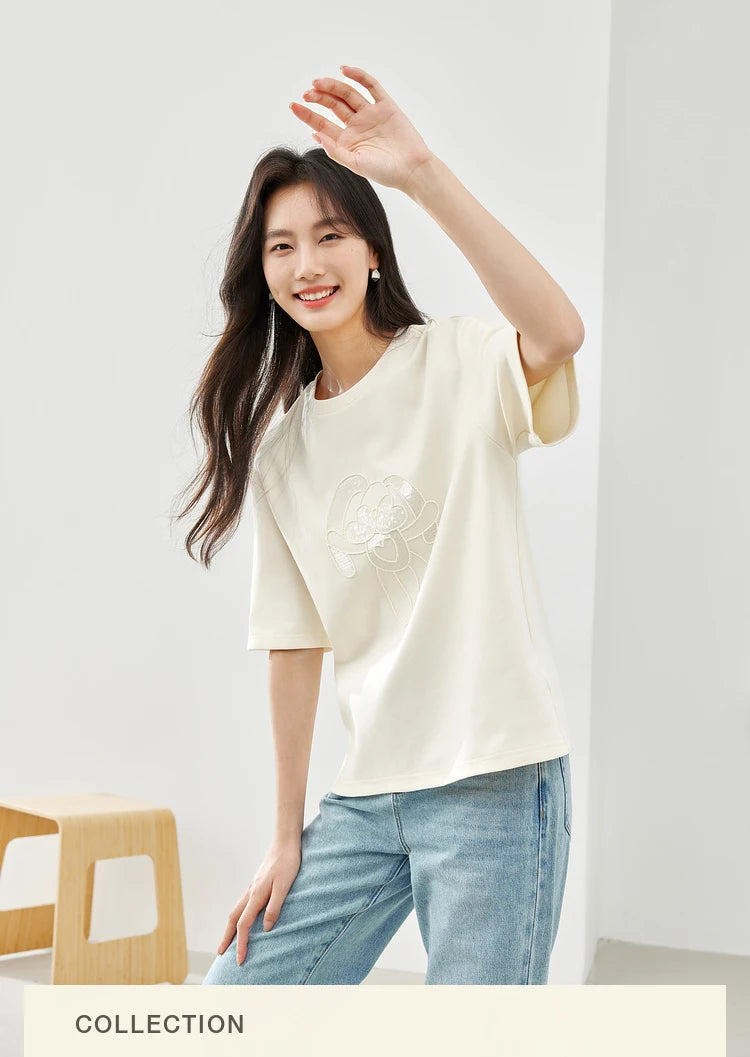 Vimly Summer Short Sleeve Women's T-shirt Simple Round Neck Straight Loose Casual Embroidery Cotton Top Basic Tees M5617