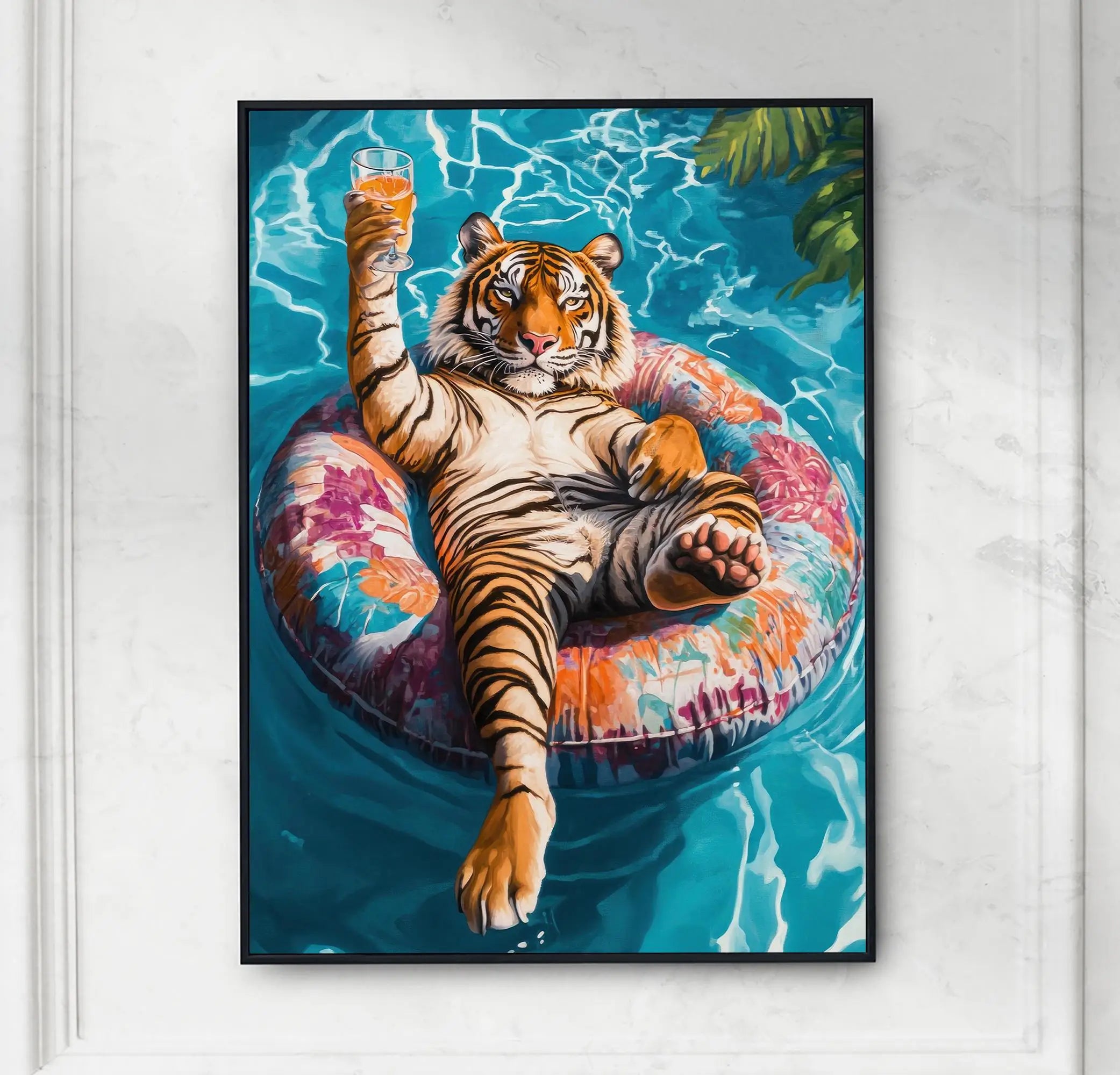 Relaxing Animal on Pool Float Summer Tropical Poster Lion Tiger Cat Canvas Painting Wall Art Fun Bathroom Living Room Home Decor