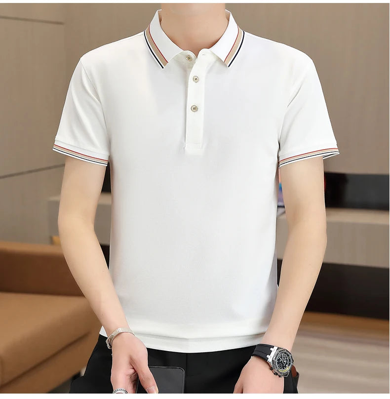 2025 Summer Casual Super Stretch Polo T-Shirt Men Turn Down Collar Slim Fit Solid Color Golf Top For Men Plus Size 4XL