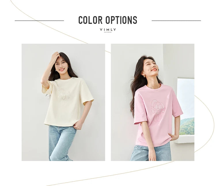 Vimly Summer Short Sleeve Women's T-shirt Simple Round Neck Straight Loose Casual Embroidery Cotton Top Basic Tees M5617