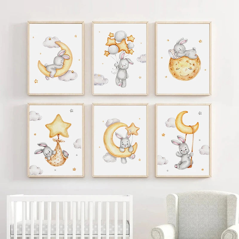 Watercolor Cute Teddy Bear and Rabbit Nursery Wall Art Posters and Prints Canvas Paintings Mural Pictures for Baby and Kids Room