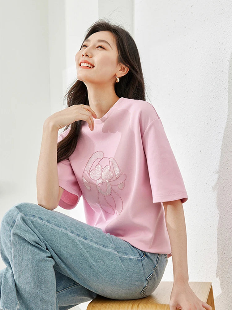Vimly Summer Short Sleeve Women's T-shirt Simple Round Neck Straight Loose Casual Embroidery Cotton Top Basic Tees M5617
