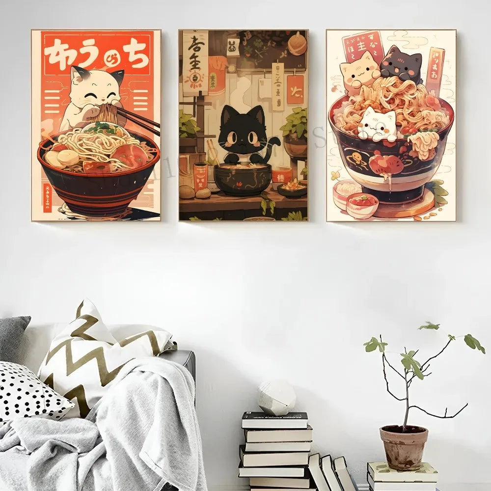 1pc Hot Style Kawaii Japanese Ramen Animal Cat Poster HD Posters Home Room Bar Cafe Decor Art Wall Painting Picture