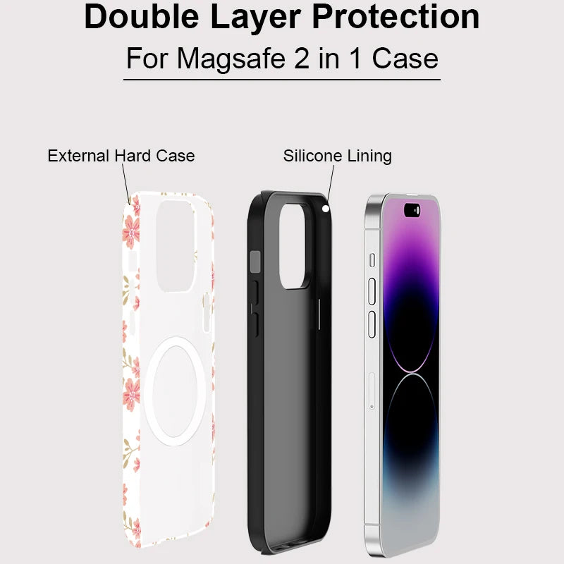 Floral Phone Case for IPhone 16 15 14 13 12 11 Pro Max Plus Luxury Magnetic Double-layer Silicon PC 2 in 1 Protective Back Cover