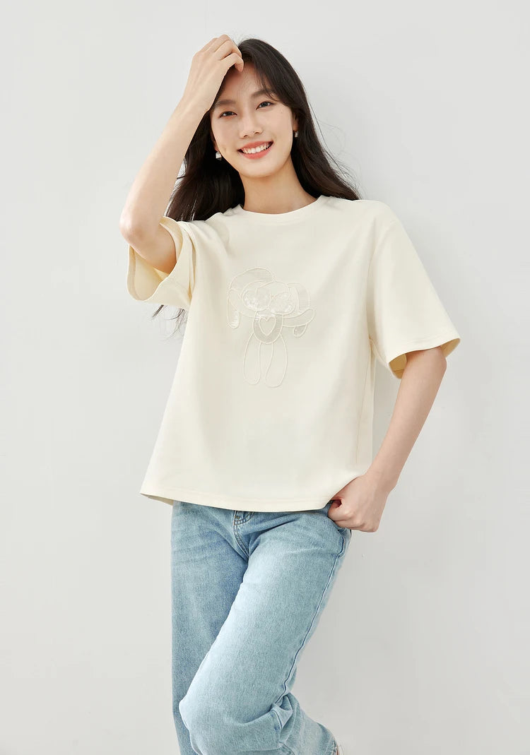Vimly Summer Short Sleeve Women's T-shirt Simple Round Neck Straight Loose Casual Embroidery Cotton Top Basic Tees M5617