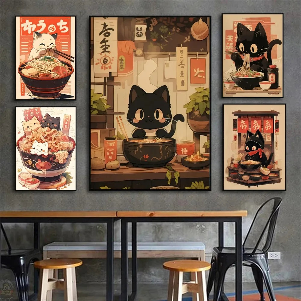 1pc Hot Style Kawaii Japanese Ramen Animal Cat Poster HD Posters Home Room Bar Cafe Decor Art Wall Painting Picture