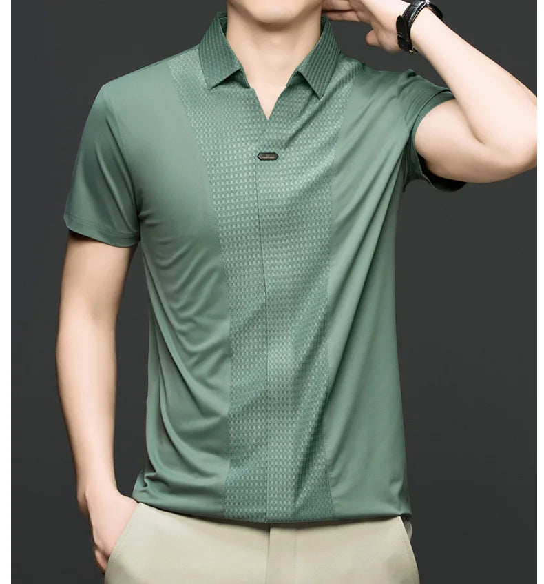 Personality jacquard splicing short sleeve Polo shirt men ice silk breathable high quality fashionable buttonless V-neck T-shirt