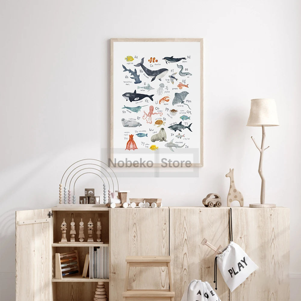 Animal Alphabet Educational Posters Watercolor Animals Prints Canvas Wall Art Pictures Neutral Nursery and Playroom Decoration