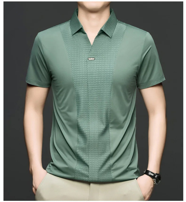 Personality jacquard splicing short sleeve Polo shirt men ice silk breathable high quality fashionable buttonless V-neck T-shirt