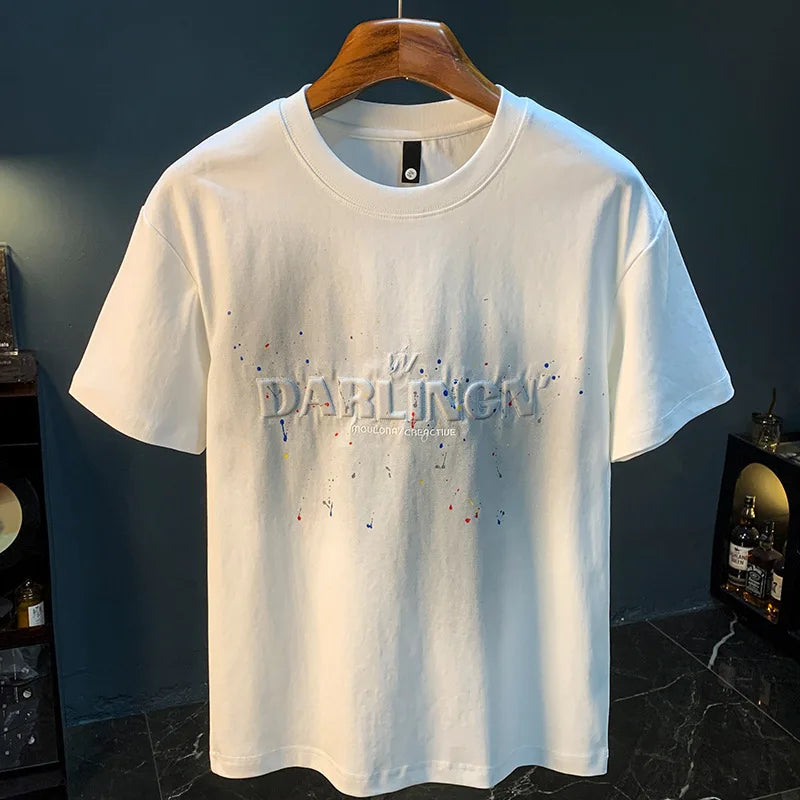 2025 Summer thin fashion high-end printed T-shirt men's 2025 trend embroidered paint splashed short sleeved top