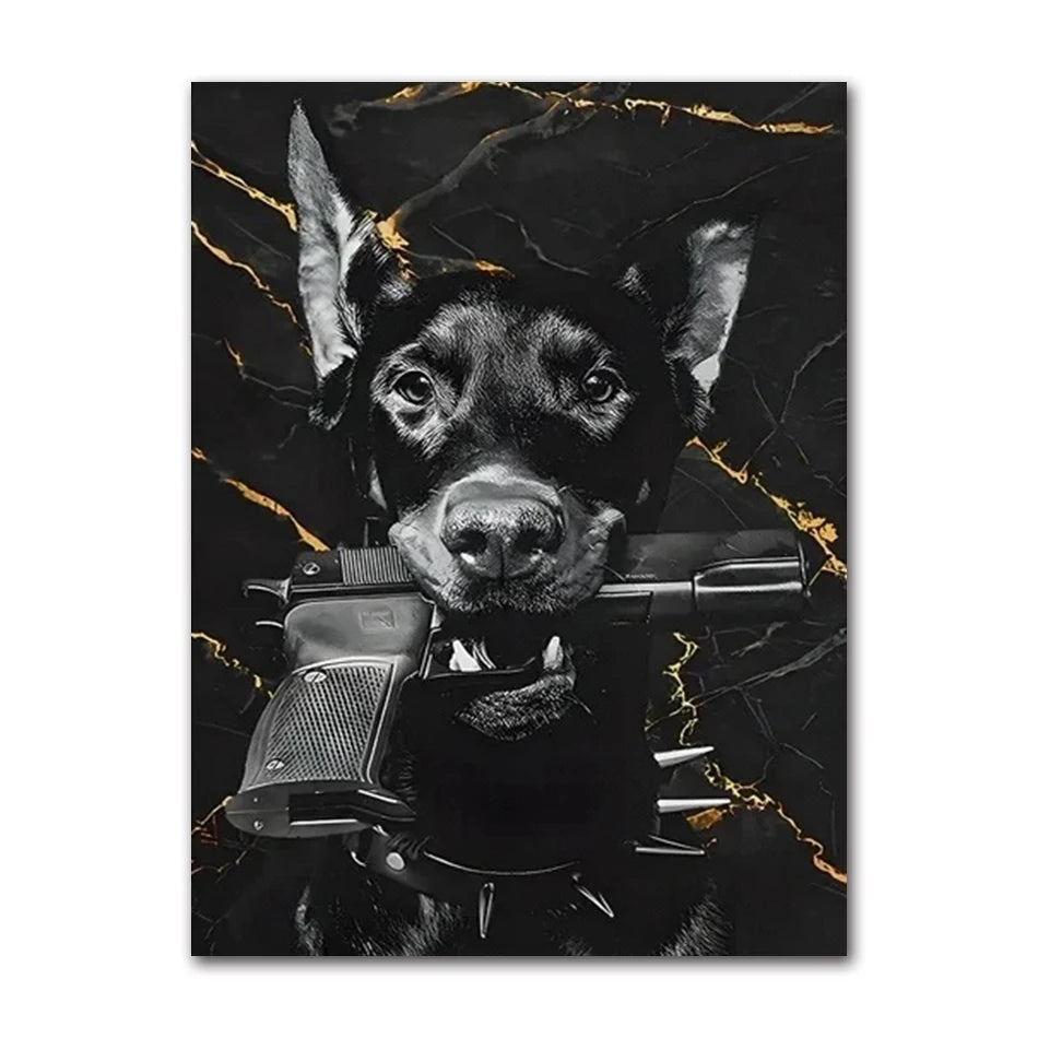 Modern Fashion Black Doberman Dog with Golden Pistol Poster Canvas Painting Luxury Animal Wall Art Picture for Living Room Decor