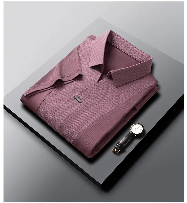 Personality jacquard splicing short sleeve Polo shirt men ice silk breathable high quality fashionable buttonless V-neck T-shirt