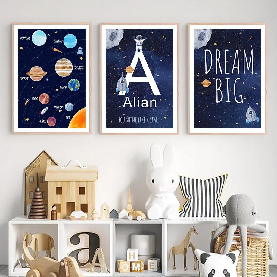Custom Name Kids Room Decorative Wall Art Prints Space Astronaut Interior Poster Baby Canvas Decoration Wall Pictures Home Decor