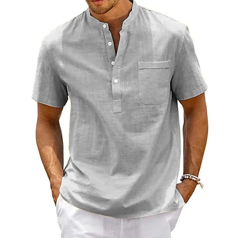 Summer Men's Short Sleeve Cotton Polo Shirts Solid Color Stand Loose Pullover Shirts Thin Soft Breathable Button T-shirt Top