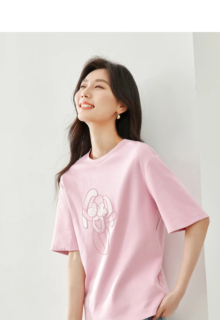 Vimly Summer Short Sleeve Women's T-shirt Simple Round Neck Straight Loose Casual Embroidery Cotton Top Basic Tees M5617