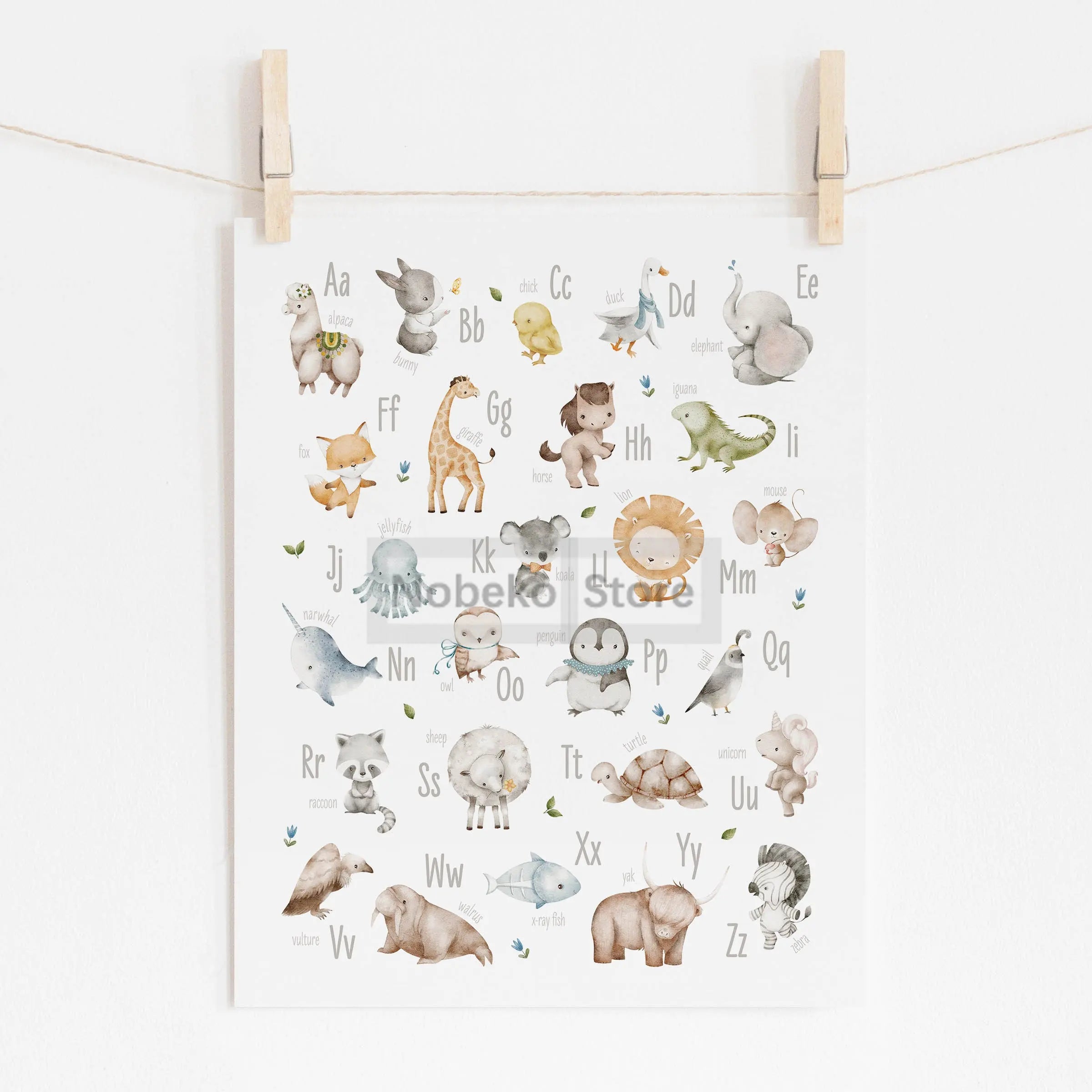 Animal Alphabet Educational Posters Watercolor Animals Prints Canvas Wall Art Pictures Neutral Nursery and Playroom Decoration