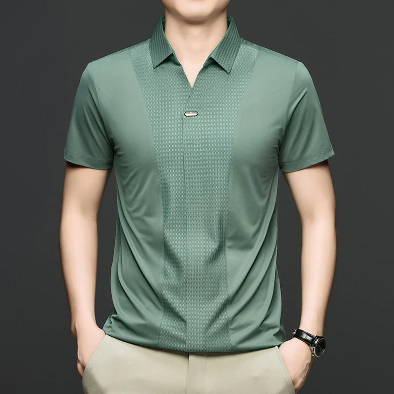 Personality jacquard splicing short sleeve Polo shirt men ice silk breathable high quality fashionable buttonless V-neck T-shirt