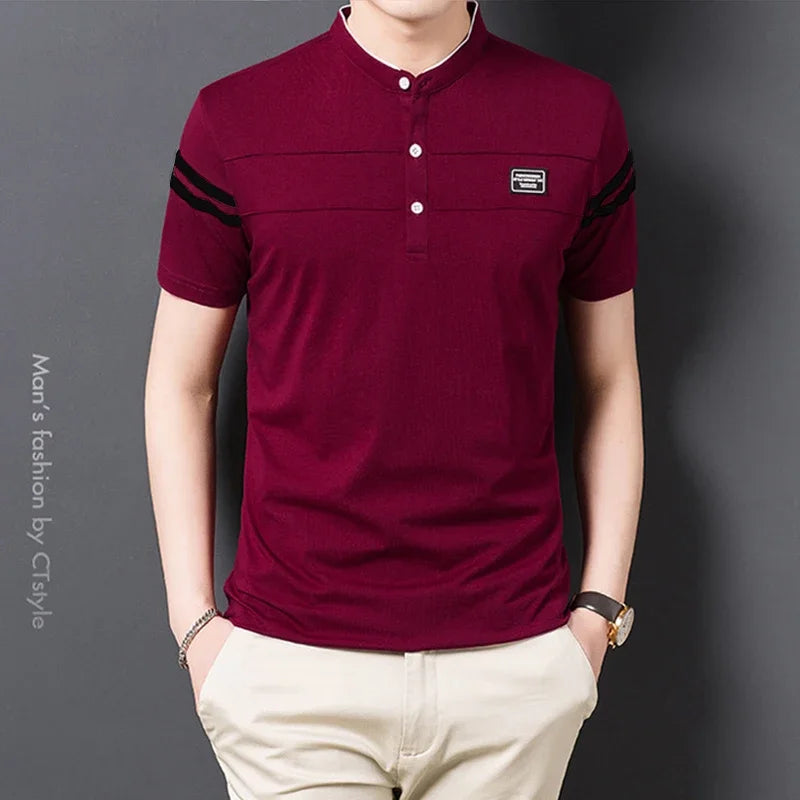 2025 Men's Casual Fashion Solid Color Short Sleeved Polo Shirt Stand Up Collar Versatile Comfortable Top