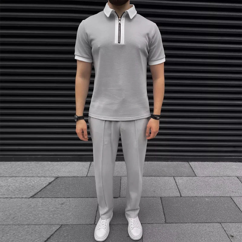 Daily Casual Mens Short Sleeve Outfits Spring Summer Leisure Zipper Lapel Polo Shirt And Pants Two Piece Sets Men Vintage Suits