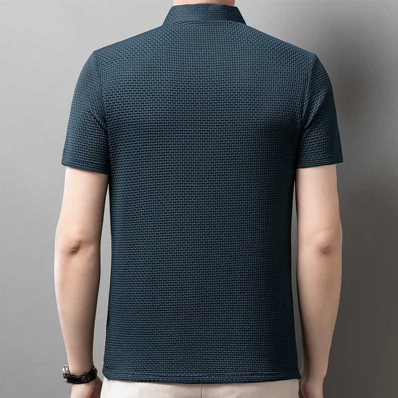 2025 Men's Business Casual Short Sleeved Bone Flower Solid Color POLO Shirt Fashion Breathable Comfortable Summer Versatile Top