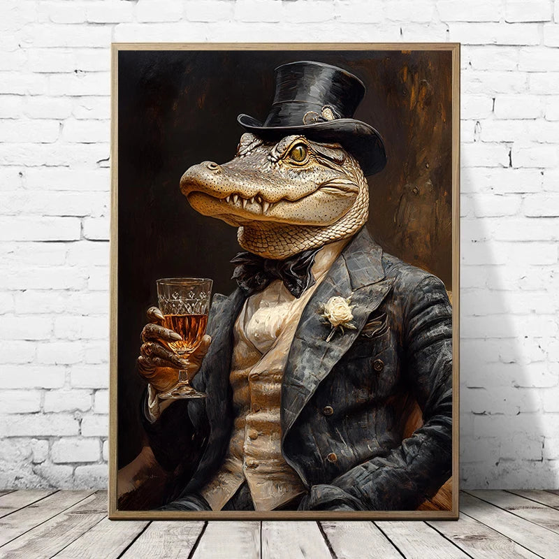 Retro Gentleman Rabbit Crocodile Portrait Renaissance Animals Human Body Poster Canvas Painting Wall Art Pictures Home Decor