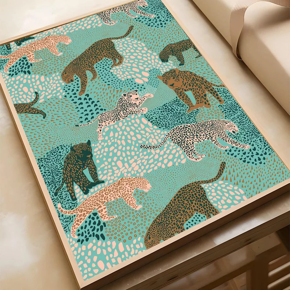 Wild Leopard Tiger Vase Flower Girl Power Poster Self-adhesive Art Waterproof Paper Sticker Coffee House Bar Room Wall Decor