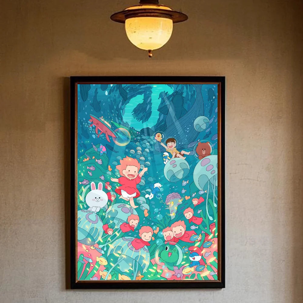 Japanese Anime P-Ponyo Figure Movie Poster HD art sticky wall waterproof home living room bedroom bar aesthetic decoration