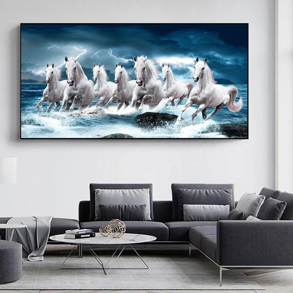7 White Running Horses Canvas Painting Animal Posters and Prints Wall Art Picture