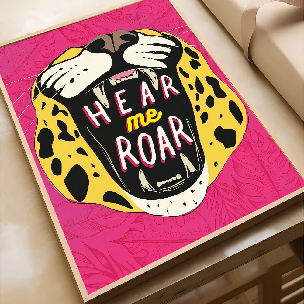 Wild Leopard Tiger Vase Flower Girl Power Poster Self-adhesive Art Waterproof Paper Sticker Coffee House Bar Room Wall Decor