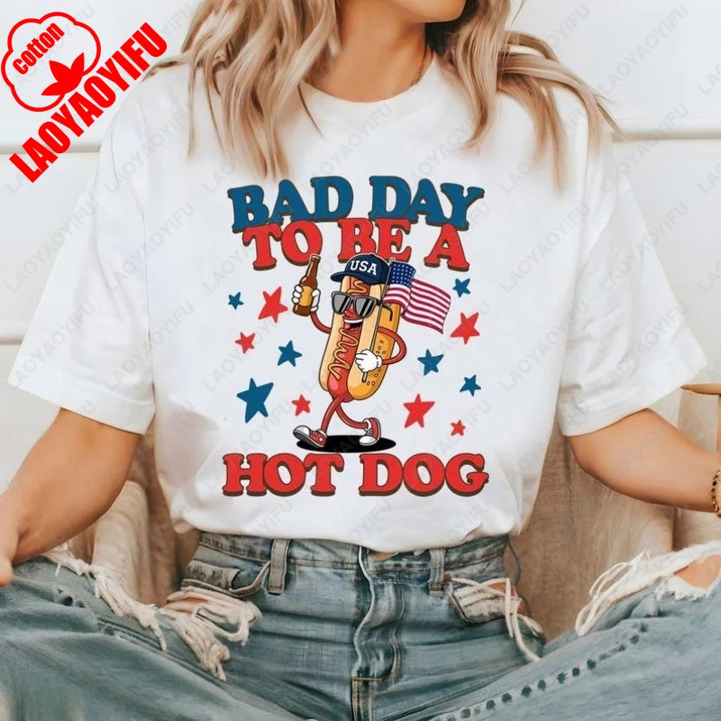 Funny 4th of July Hot Dog Tshirt Bad Day To Be A Hot Dog Patriotic Tee USA Graphic Summer Vintage Clothes Wen Women Cotton Tops