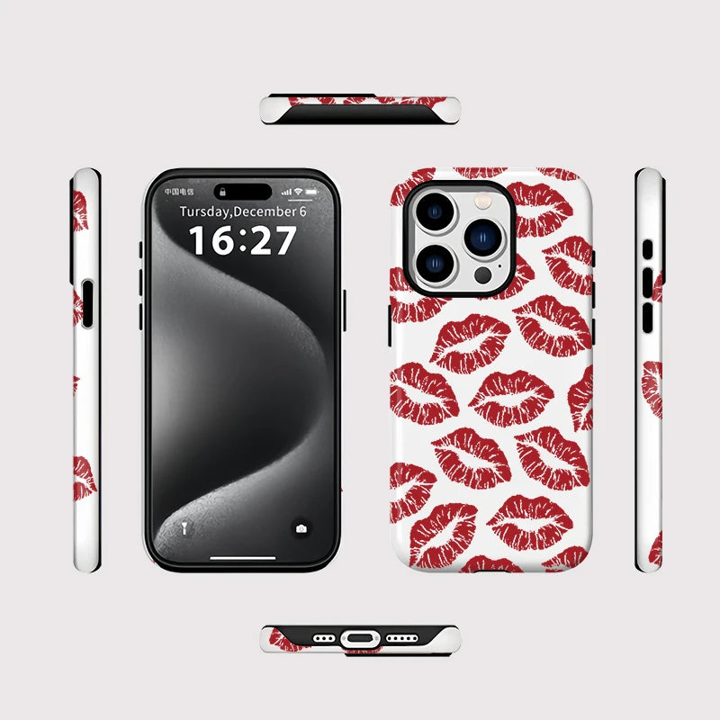 Acrylic TPU Two in one Magnetic Case For iPhone 16 Pro Max 15 Plus 14 13 12 Pro 11 Sexy Girly Red Kiss Pattern Cover