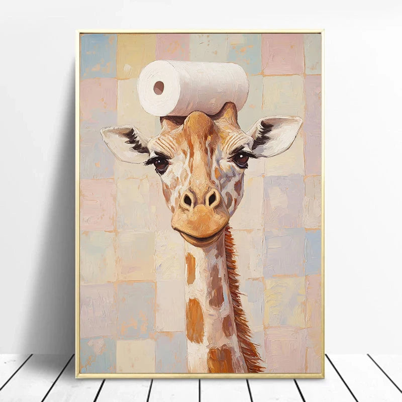 Giraffe Cat Raccoon With Toilet Paper Cute Animals Poster Print Canvas Painting Oil Bathroom Wall Art Funny Humor Home Decor