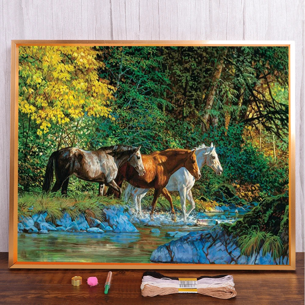 Animal Horse Printed 11CT Cross Stitch Patterns Embroidery DMC Threads Knitting Painting Needlework Hobby Counted Design Mulina