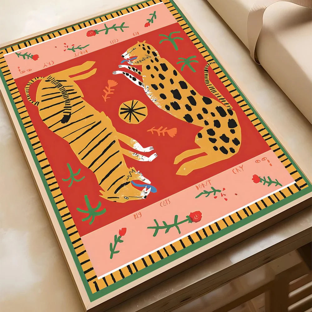Wild Leopard Tiger Vase Flower Girl Power Poster Self-adhesive Art Waterproof Paper Sticker Coffee House Bar Room Wall Decor