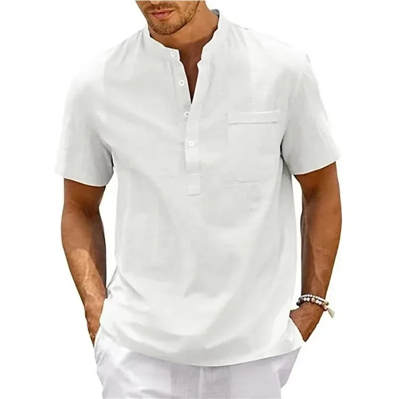 Summer Men's Short Sleeve Cotton Polo Shirts Solid Color Stand Loose Pullover Shirts Thin Soft Breathable Button T-shirt Top