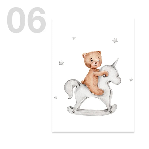 Watercolor Cute Teddy Bear and Rabbit Nursery Wall Art Posters and Prints Canvas Paintings Mural Pictures for Baby and Kids Room