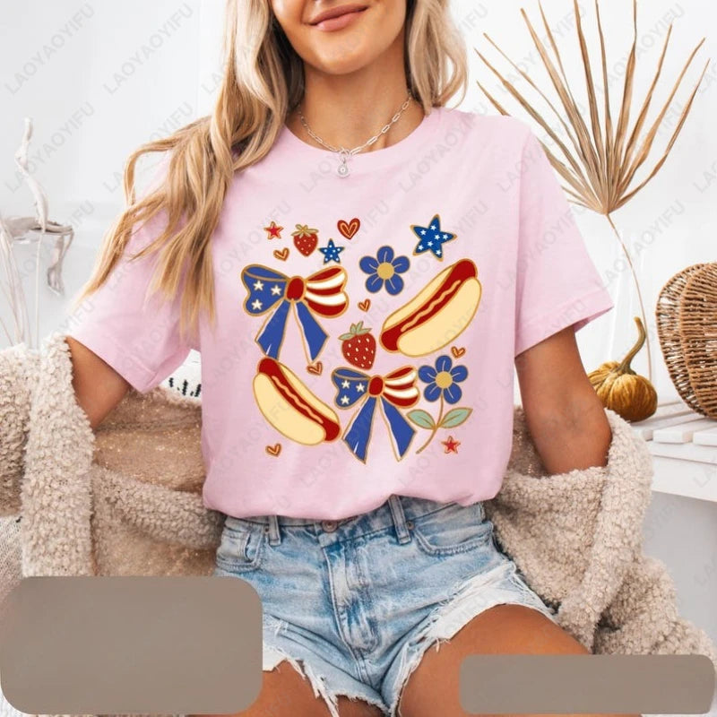 Patriotic Hot Dog 4th of July Tshirt Funny Independence Clothes Day Bow Strawberry Flower Star Pattern Tee Women Wen Cotton Tops