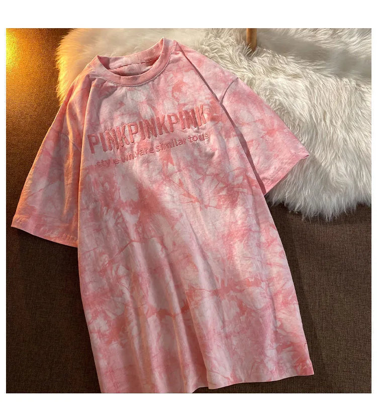 Tie-dye Embroidery Letter Short Sleeve Top Korean Popular Trendy Female T-shirt Summer New 2024 Fashion Y2K Tops