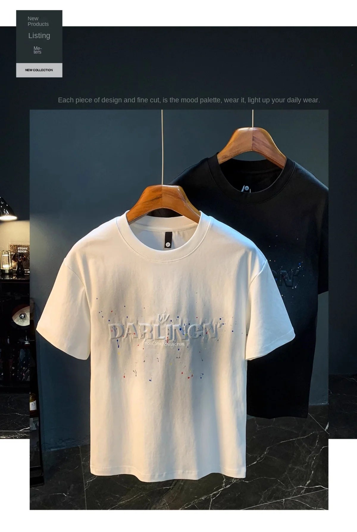 2025 Summer thin fashion high-end printed T-shirt men's 2025 trend embroidered paint splashed short sleeved top