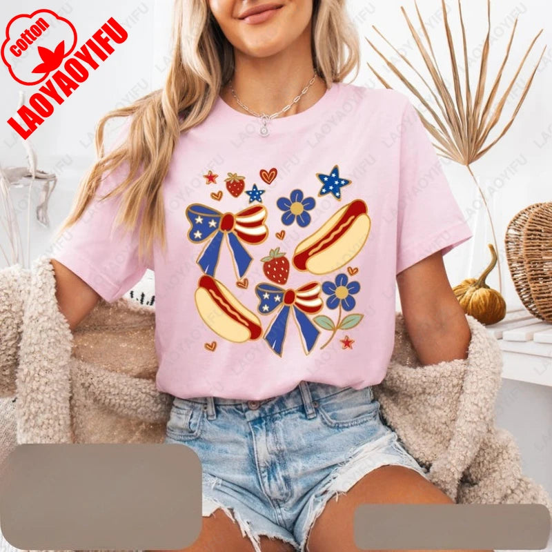 Patriotic Hot Dog 4th of July Tshirt Funny Independence Clothes Day Bow Strawberry Flower Star Pattern Tee Women Wen Cotton Tops