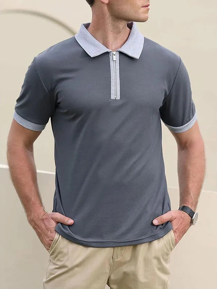Summer Men's Polo Shirt Contrast Color Half Zipper Turn-down Collar Breathable Short Sleeve Tops Male Casual T-shirts