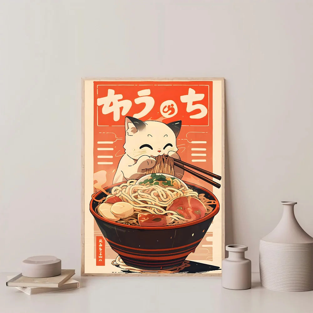 1pc Hot Style Kawaii Japanese Ramen Animal Cat Poster HD Posters Home Room Bar Cafe Decor Art Wall Painting Picture