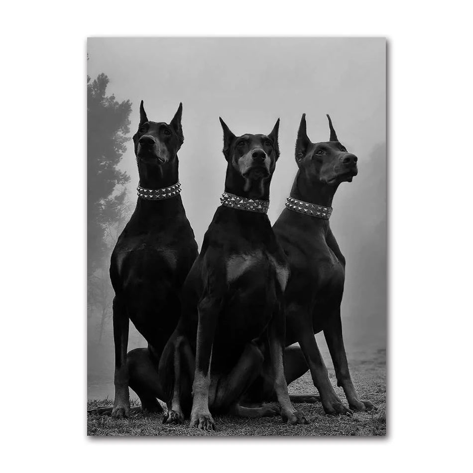 Modern Fashion Black Doberman Dog with Golden Pistol Poster Canvas Painting Luxury Animal Wall Art Picture for Living Room Decor