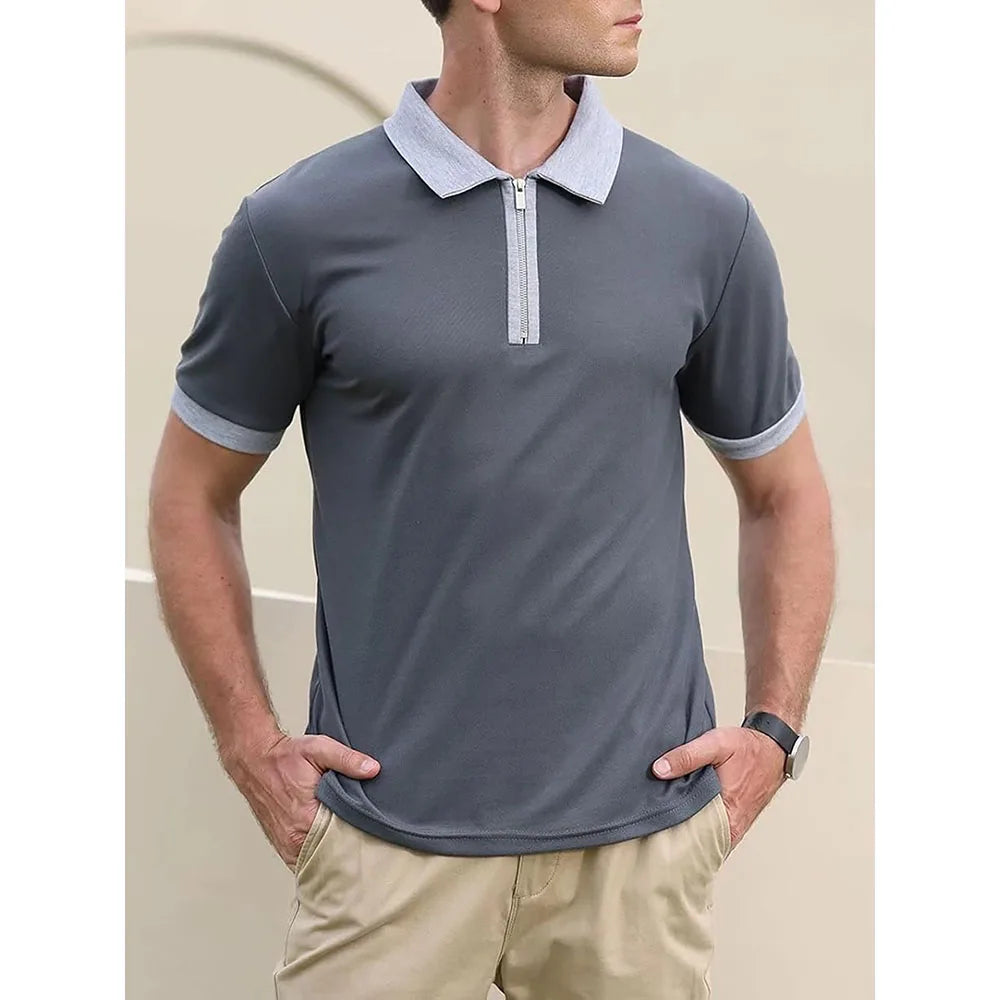 Summer Men's Polo Shirt Contrast Color Half Zipper Turn-down Collar Breathable Short Sleeve Tops Male Casual T-shirts