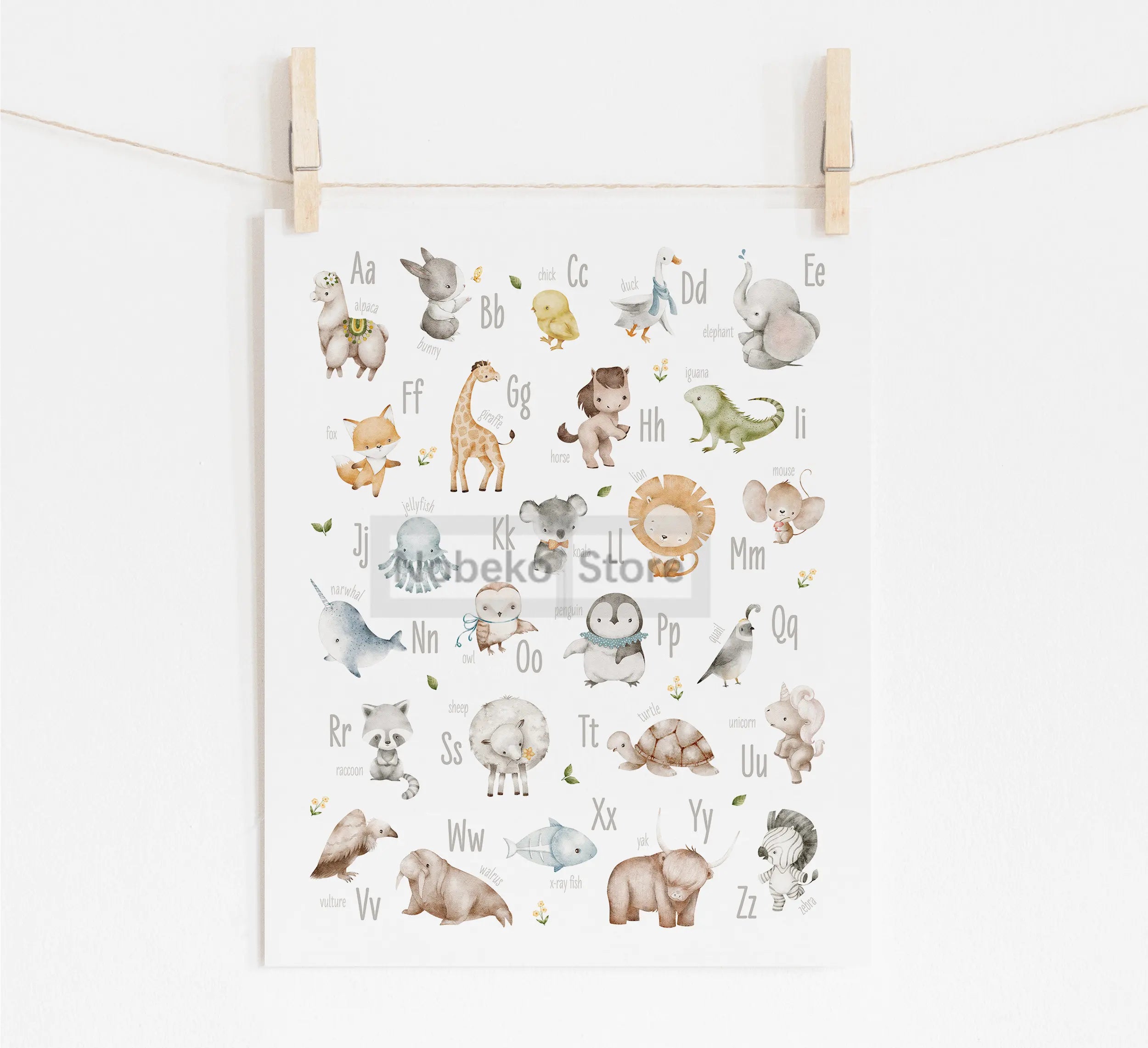 Animal Alphabet Educational Posters Watercolor Animals Prints Canvas Wall Art Pictures Neutral Nursery and Playroom Decoration