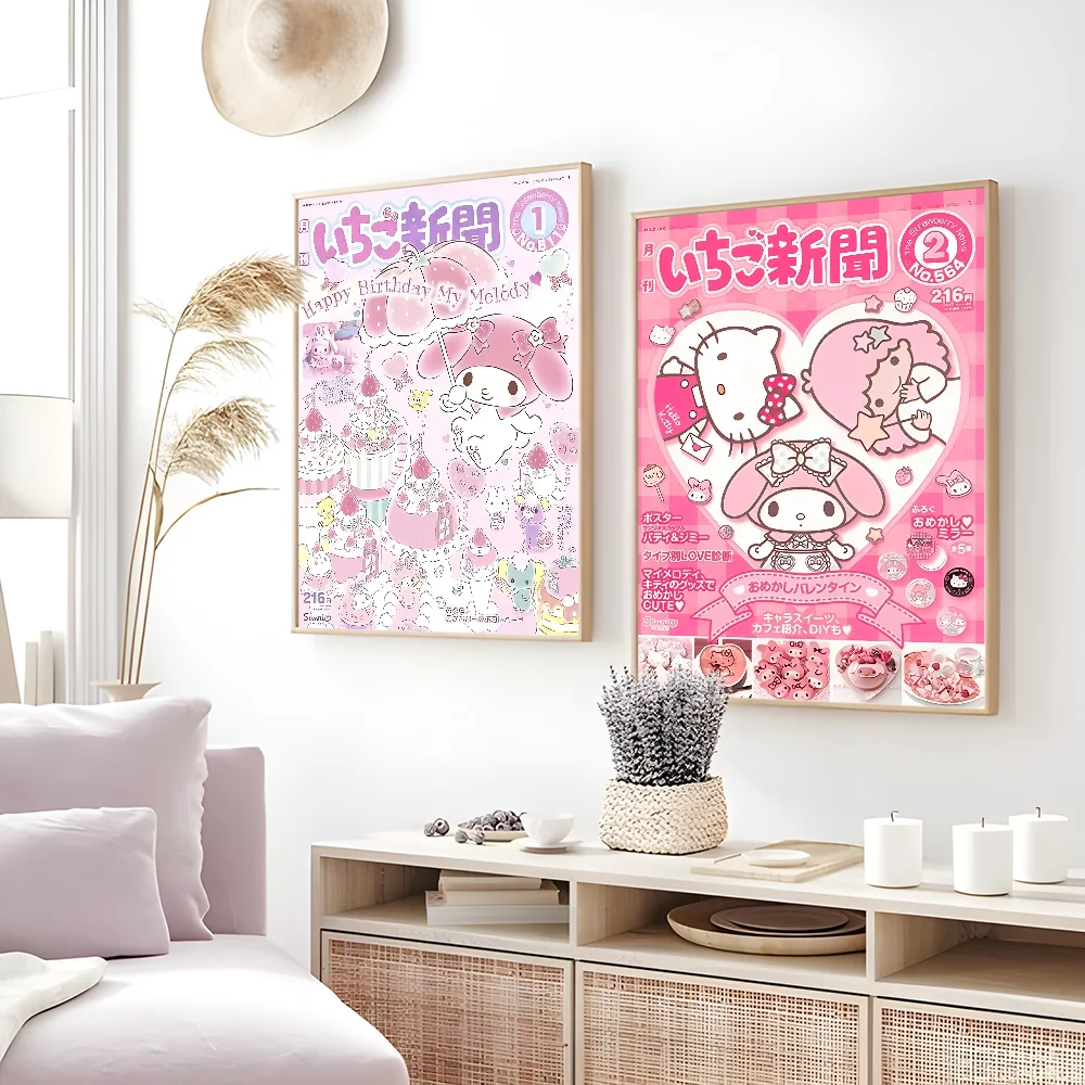 Cute Hallokitty Cinnamoroll Kuromi Poster Sticky Wall Art Printing Waterproof Home Living Bed Room Bar Aesthetic Decor