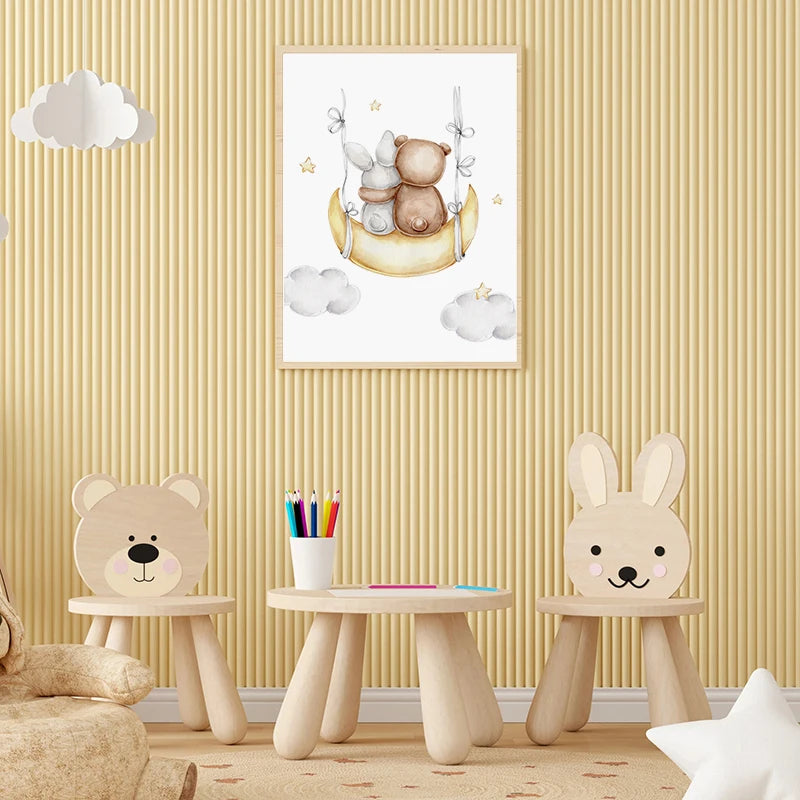 Watercolor Cute Teddy Bear and Rabbit Nursery Wall Art Posters and Prints Canvas Paintings Mural Pictures for Baby and Kids Room