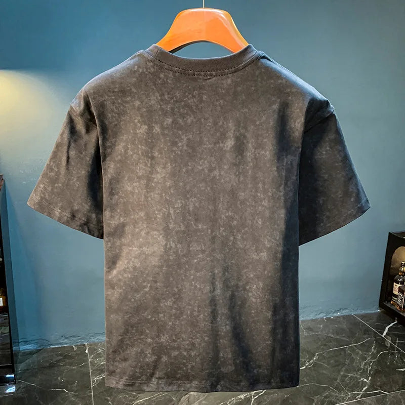 Embroidered printed short sleeved T-shirt for men in summer 2025, trendy and loose, snowflake print retro casual top