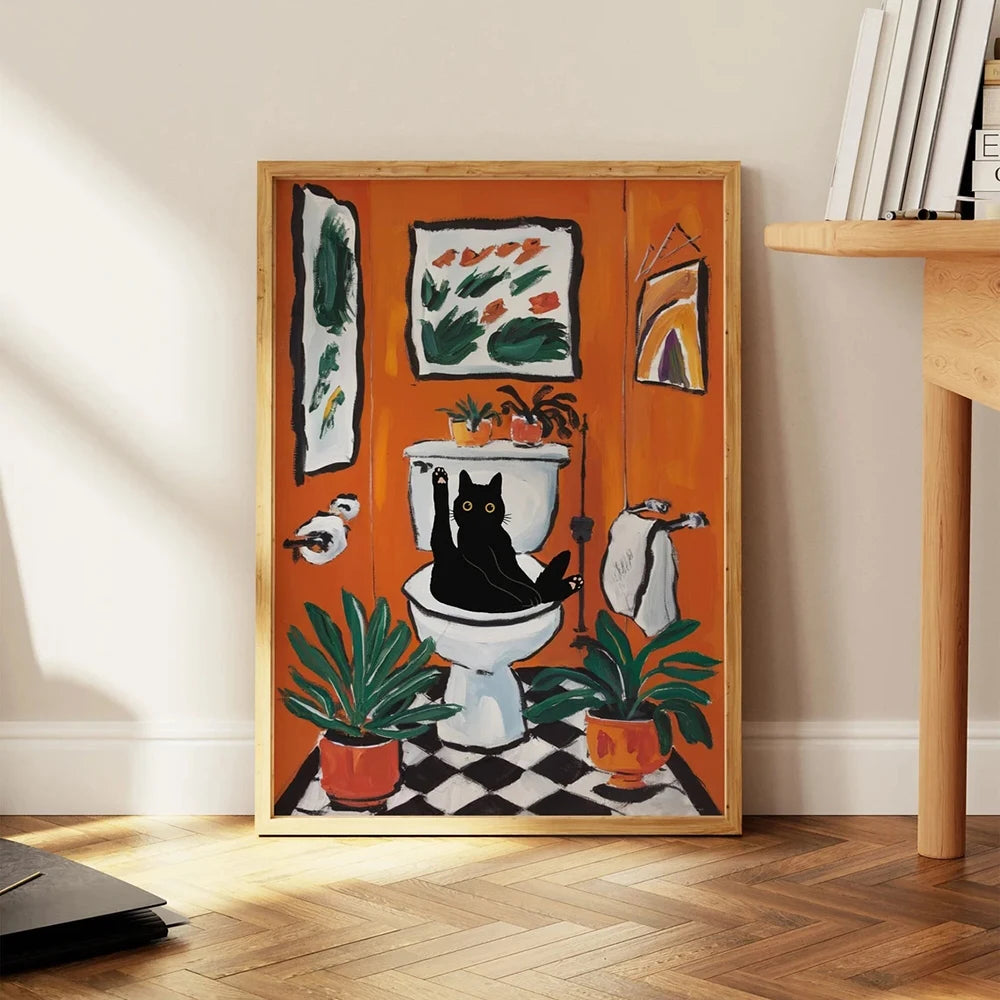Bathroom Cat Reading on Toilet Canvas Wall Art Print Poster Funny Animal Decor Painting Home Decor Gift Unframed